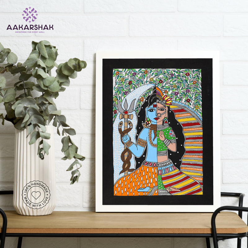 Close-up of detailed brushwork and traditional patterns in Madhubani painting