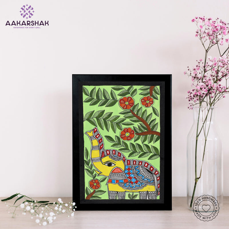 Close-up of detailed brushwork and traditional patterns in Madhubani painting
