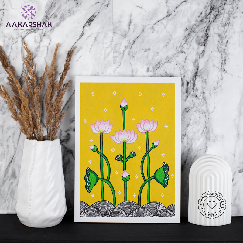 AAKARSHAK Pichwai Painting Handmade Lotus Pichwai art Framed Traditional Indian paintings for Wall Living room Home decor Gifts - 8x12 Inch |(PWSM102)