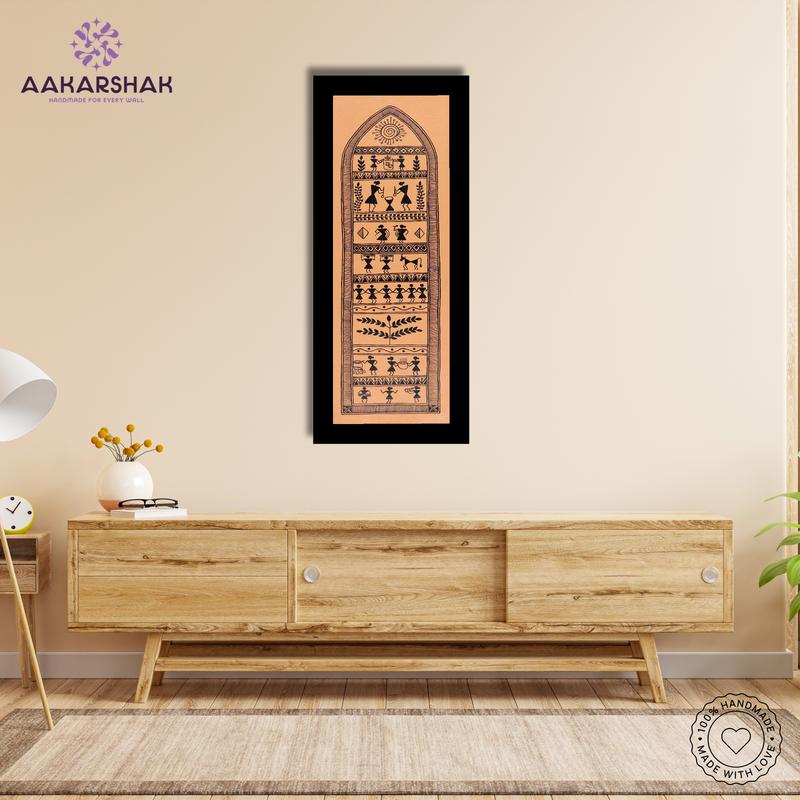 AAKARSHAK Warli Painting Handmade Village Warli art Framed Traditional Indian paintings for Wall Living room Home decor Gifts - 8x23 Inch |(WBLO105)
