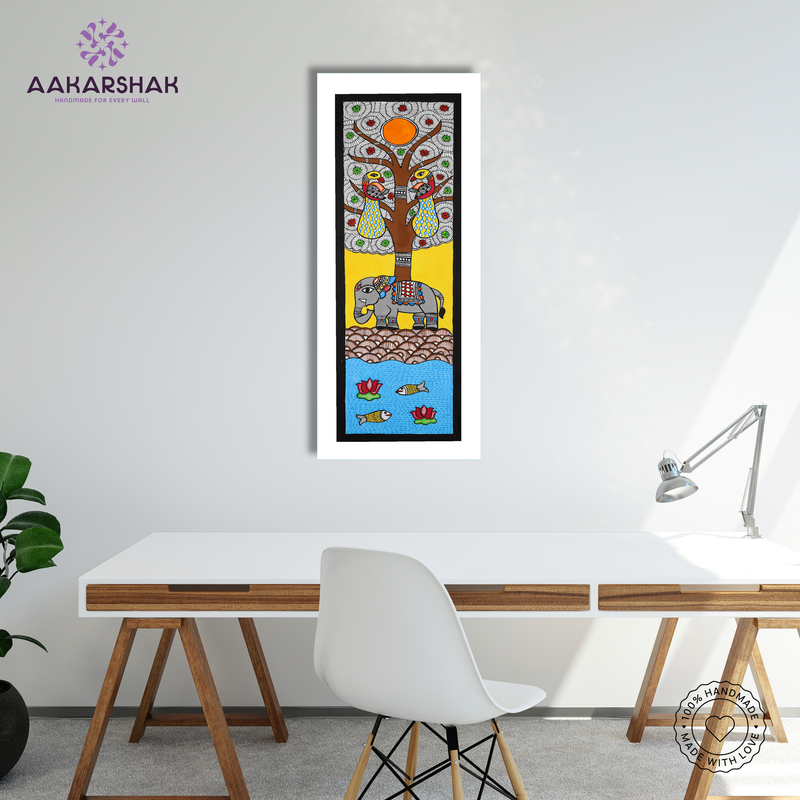 Handmade Madhubani Painting Tree of life 8x23 Inch Framed Indian Wall Decor