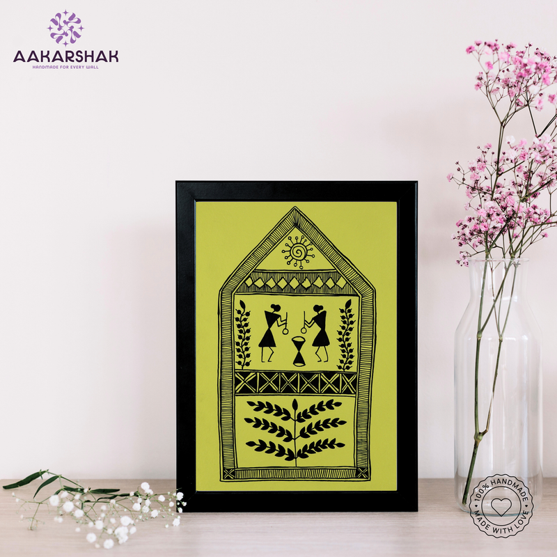 AAKARSHAK Warli Painting Handmade Village of Life Warli art Framed Traditional Indian paintings for Wall Living room Home decor Gifts - 8x12 Inch |(WBS105)