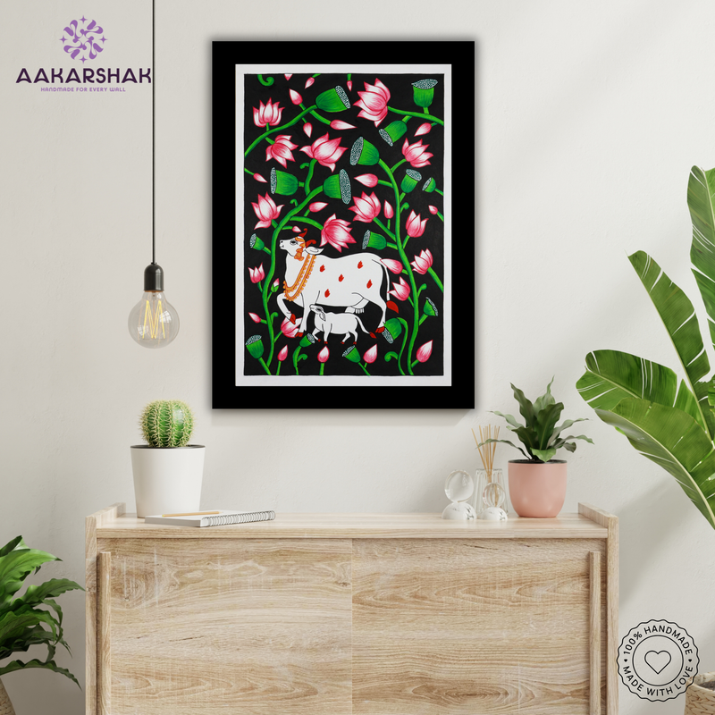 AAKARSHAK Pichwai Painting Handmade Cow Pichwai art Framed Traditional Indian paintings for Wall Living room Home decor Gifts - 17x24 Inch |(PBLR102)