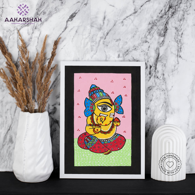 Side view of framed Madhubani artwork with acrylic glass and wooden frame