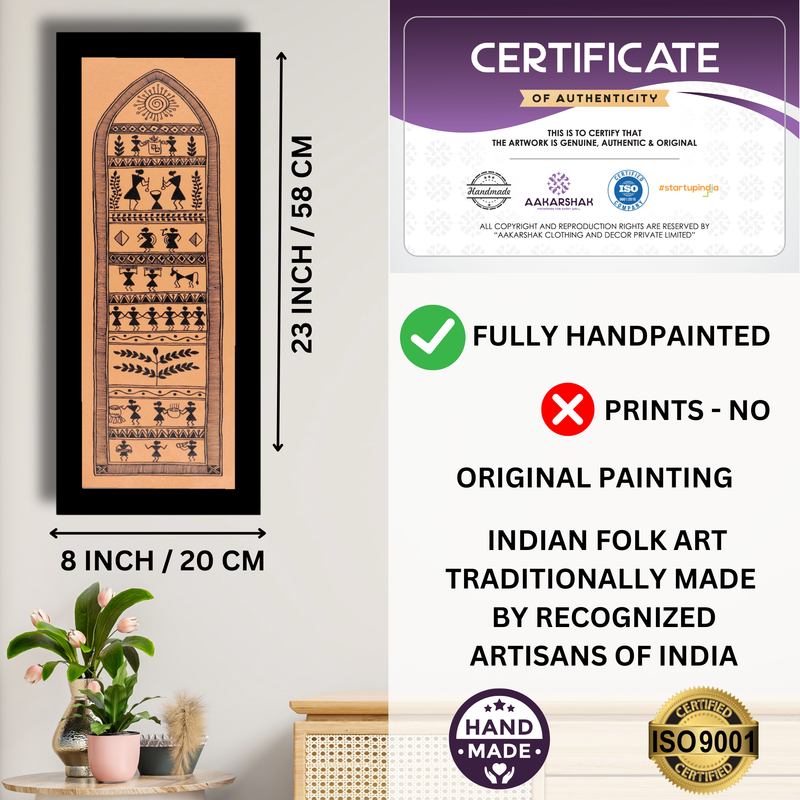 AAKARSHAK Warli Painting Handmade Village Warli art Framed Traditional Indian paintings for Wall Living room Home decor Gifts - 8x23 Inch |(WBLO105)
