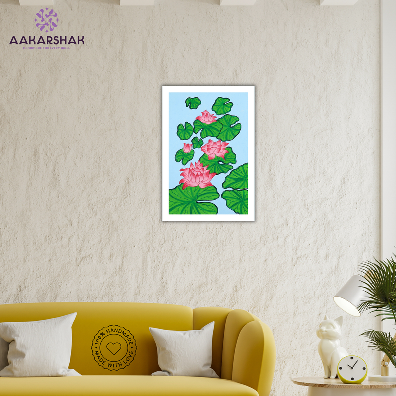AAKARSHAK Pichwai Painting Handmade Lotus Pichwai art Framed Traditional Indian paintings for Wall Living room Home decor Gifts - 8x12 Inch |(PWSM103)
