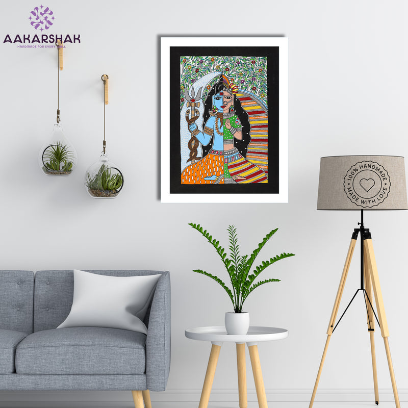Side view of framed Madhubani artwork with acrylic glass and wooden frame