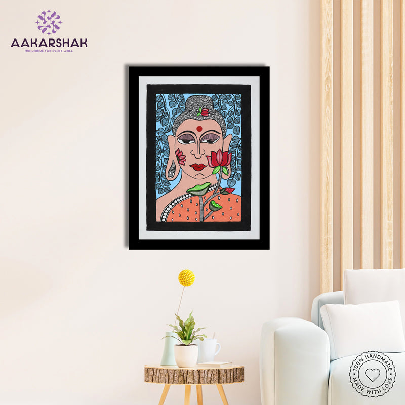Side view of framed Madhubani artwork with acrylic glass and wooden frame