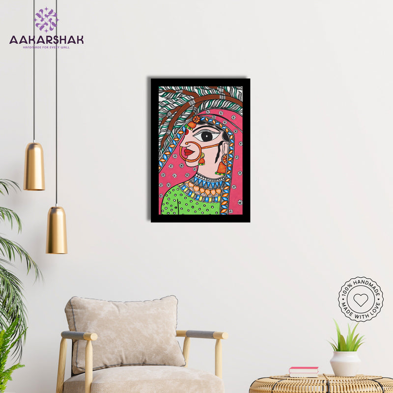 Close-up of detailed brushwork and traditional patterns in Madhubani painting