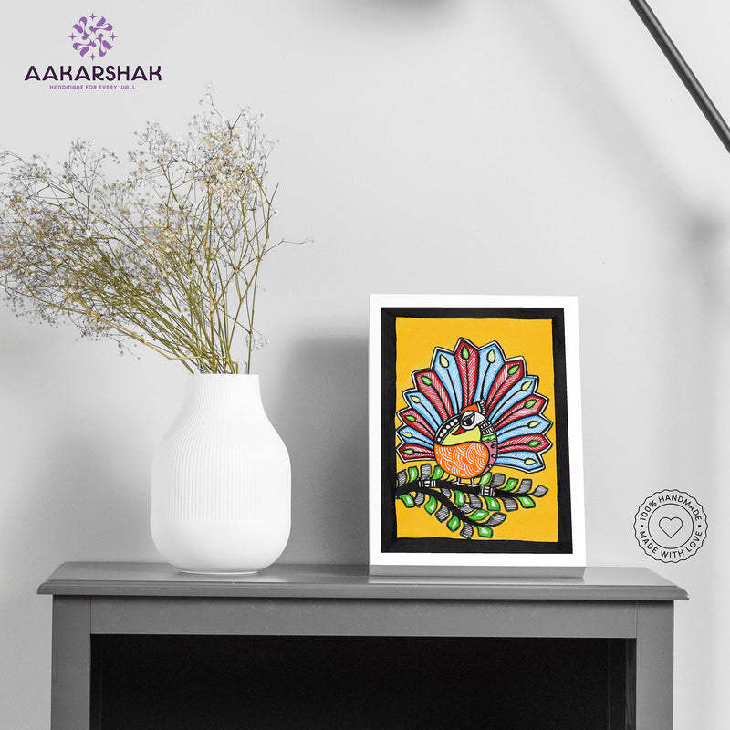 Side view of framed Madhubani artwork with acrylic glass and wooden frame