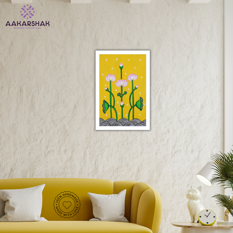 AAKARSHAK Pichwai Painting Handmade Lotus Pichwai art Framed Traditional Indian paintings for Wall Living room Home decor Gifts - 8x12 Inch |(PWSM102)