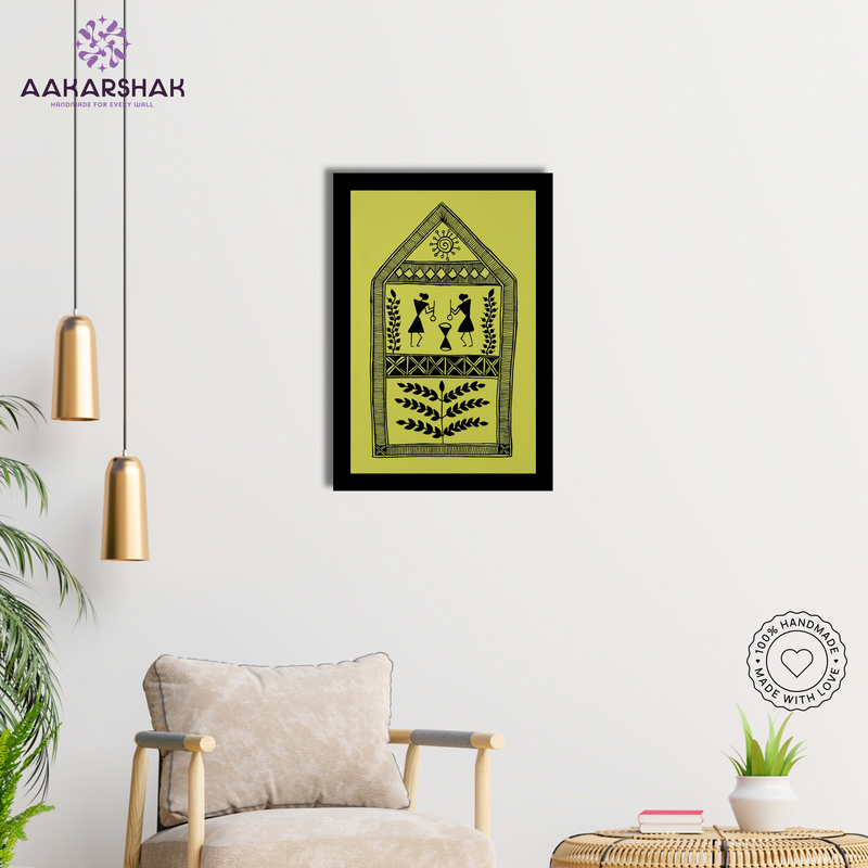 AAKARSHAK Warli Painting Handmade Village of Life Warli art Framed Traditional Indian paintings for Wall Living room Home decor Gifts - 8x12 Inch |(WBS105)
