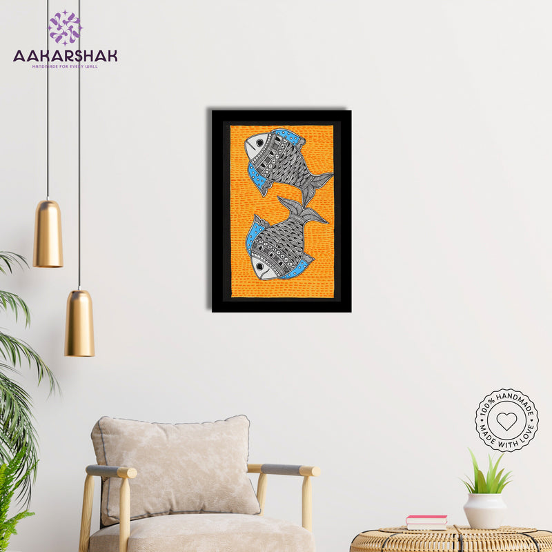 Side view of framed Madhubani artwork with acrylic glass and wooden frame