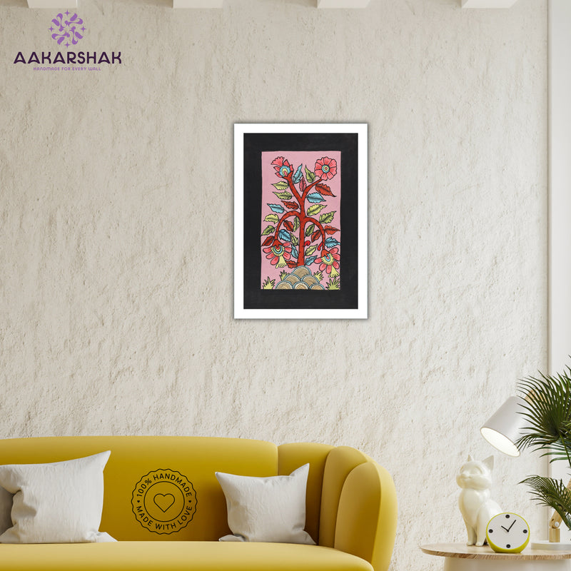 Detailed brushwork and natural dyes in authentic Kalamkari painting on cotton fabric