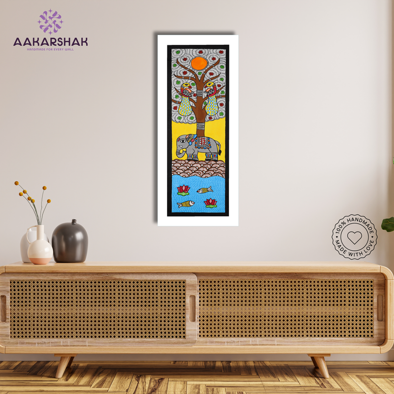 Handmade Madhubani Painting Tree of life 8x23 Inch Framed Indian Wall Decor