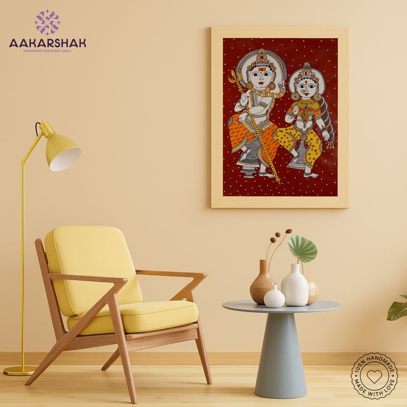 Close-up of detailed brushwork and traditional patterns in Madhubani painting