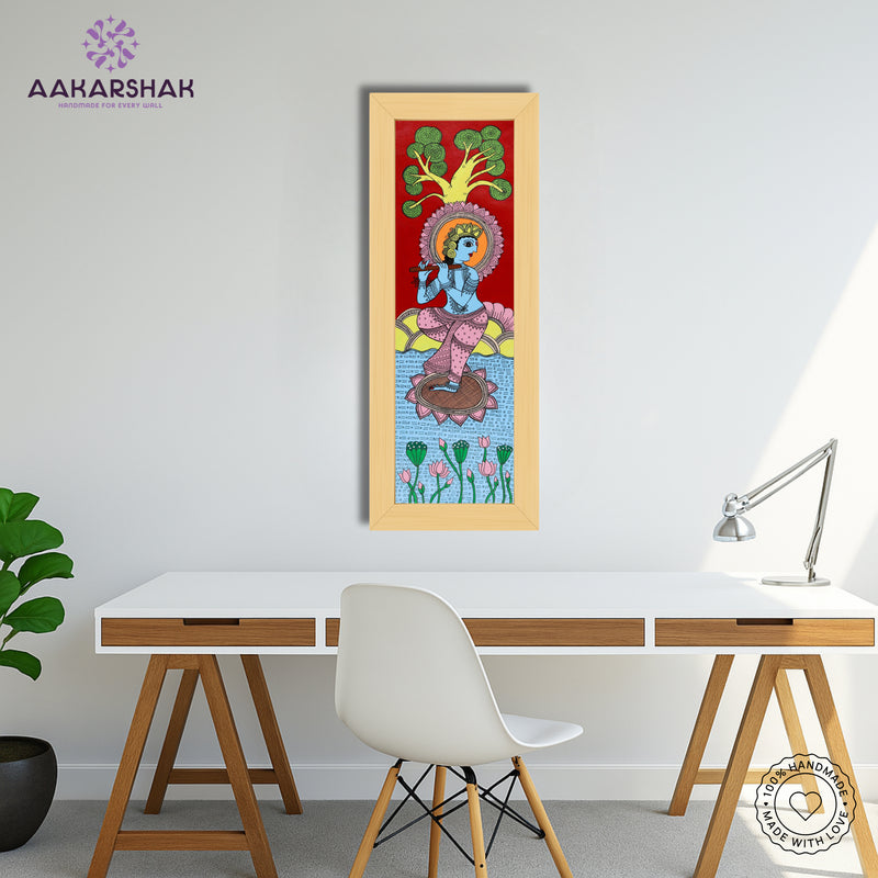 Close-up of detailed brushwork and traditional patterns in Madhubani painting