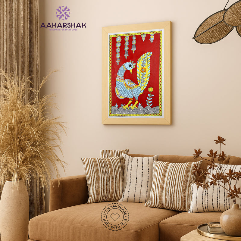 Traditional Indian wall painting displayed in modern home interior setting