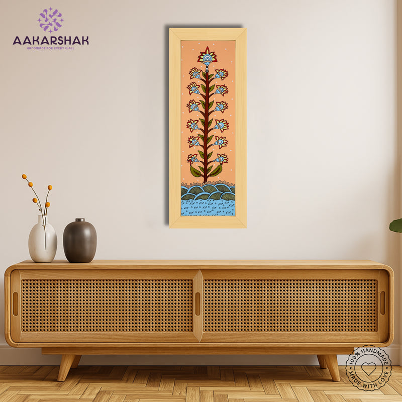 Traditional Indian wall painting displayed in modern home interior setting