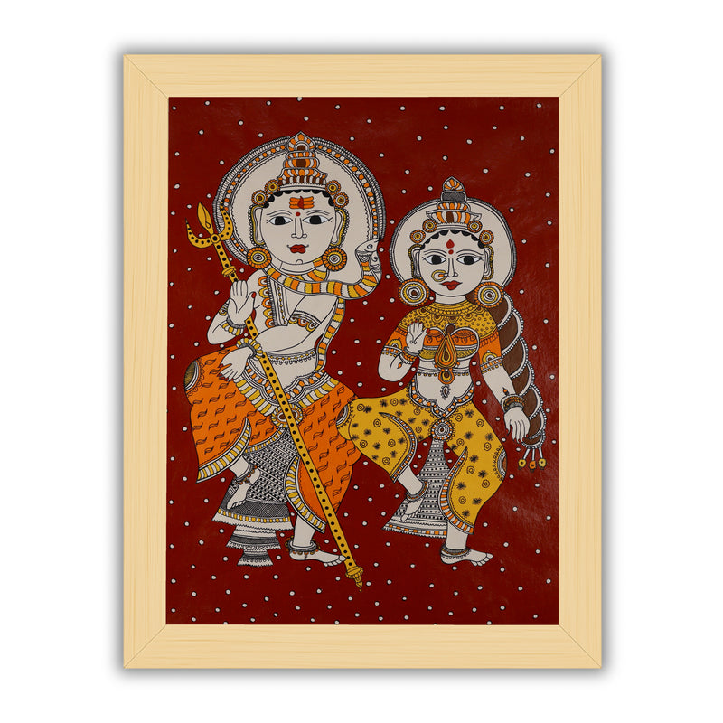 Handmade Kalamkari painting with Shiv and Parvati design, framed and ready to hang – Indian folk art on wall