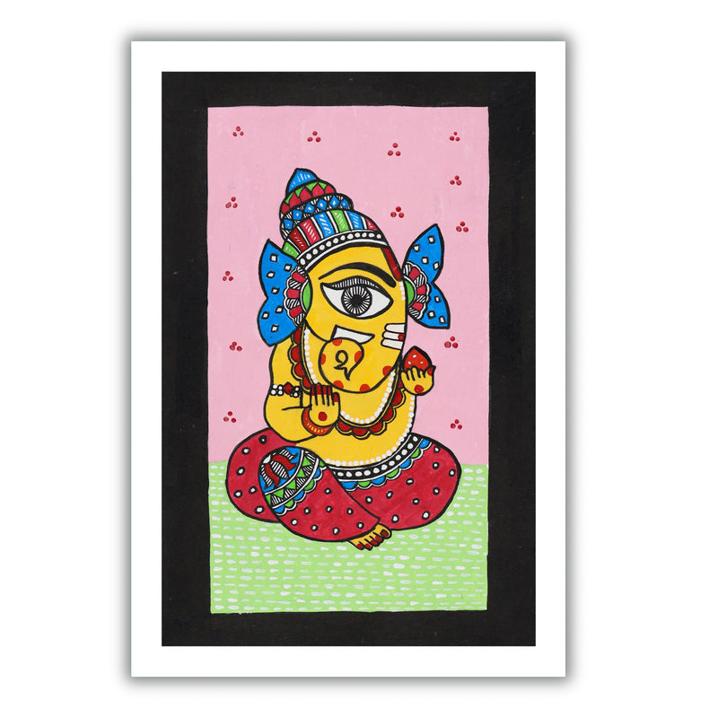 Handmade Madhubani painting with Ganesha design, framed and ready to hang – Indian folk art on wall