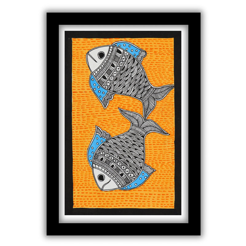 Handmade Madhubani painting with Fish design, framed and ready to hang – Indian folk art on wall