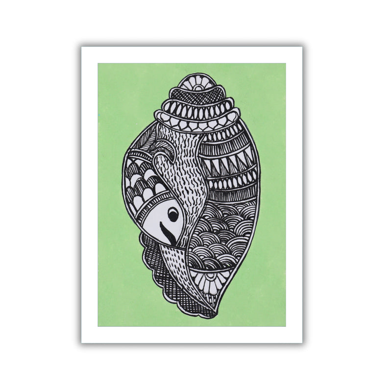 Handmade Madhubani painting with Shankh design, framed and ready to hang – Indian folk art on wall