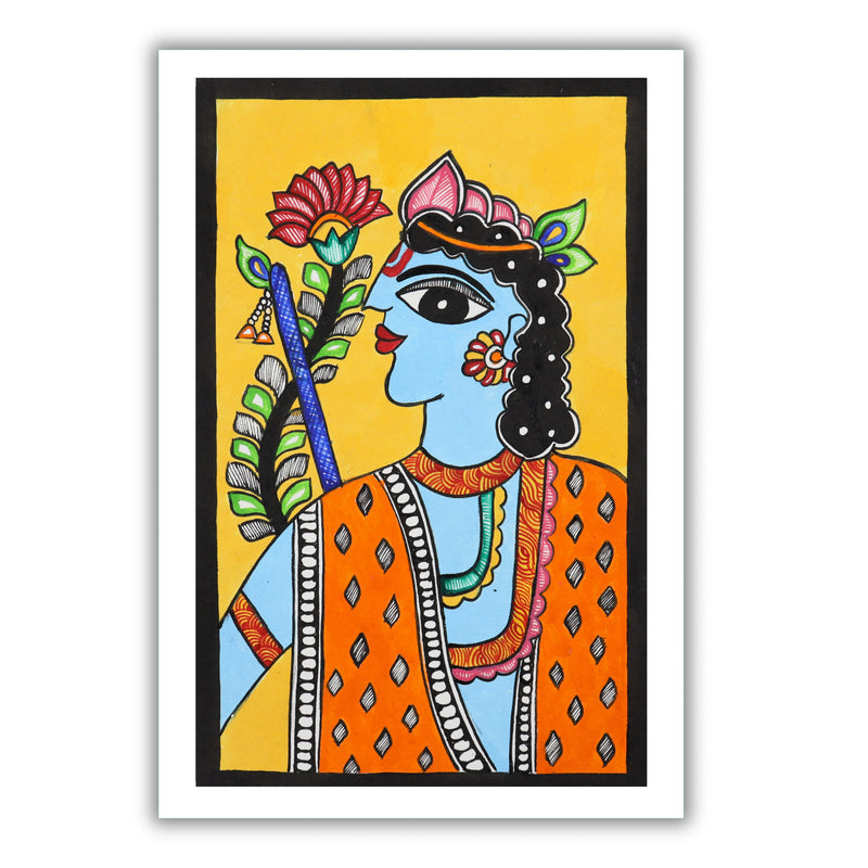 Handmade Madhubani painting with Lord Krishna design, framed and ready to hang – Indian folk art on wall