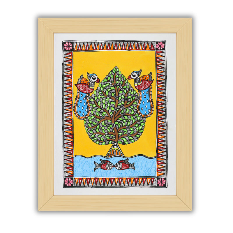 Handmade Madhubani painting with Tree design, framed and ready to hang – Indian folk art on wall