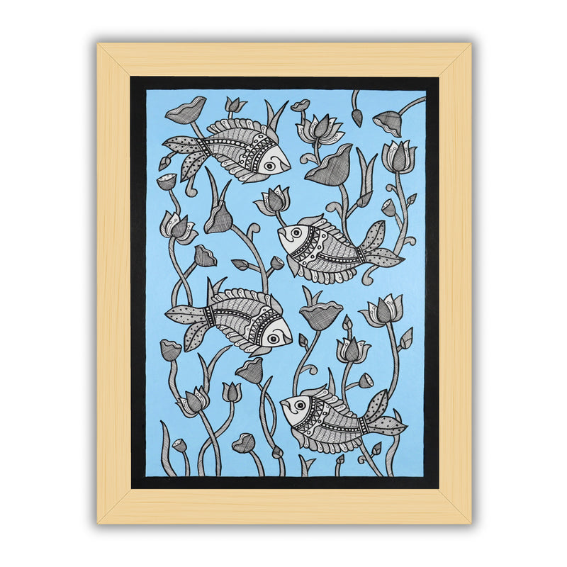 Handmade Madhubani painting with Fish design, framed and ready to hang – Indian folk art on wall