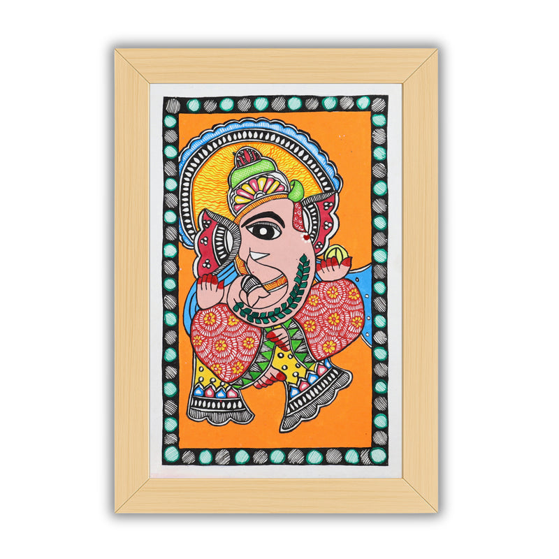 Handmade Madhubani painting with Ganesha design, framed and ready to hang – Indian folk art on wall
