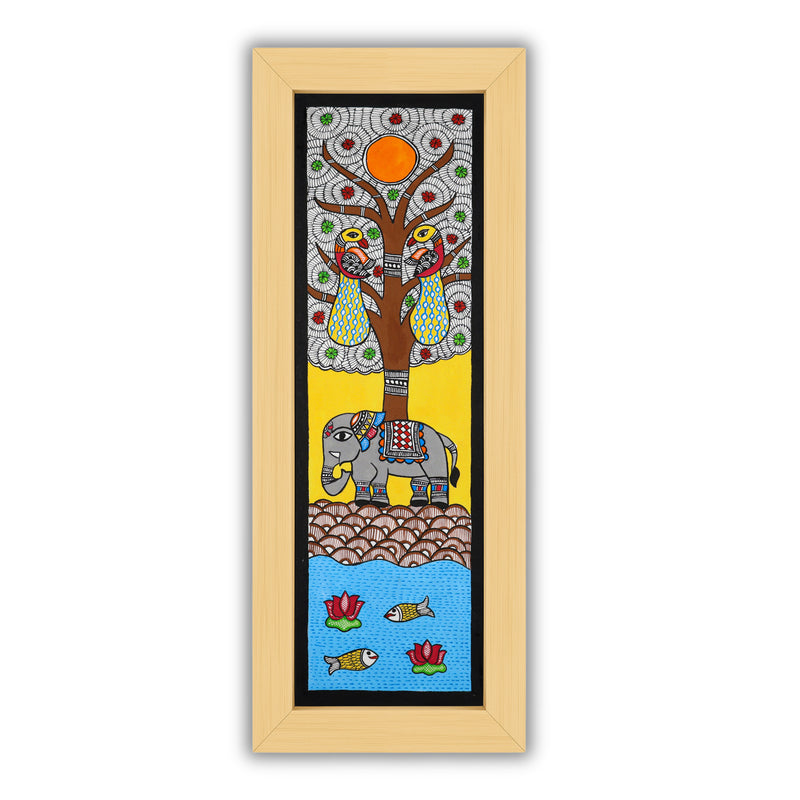 Handmade Madhubani painting with Elephant design, framed and ready to hang – Indian folk art on wall