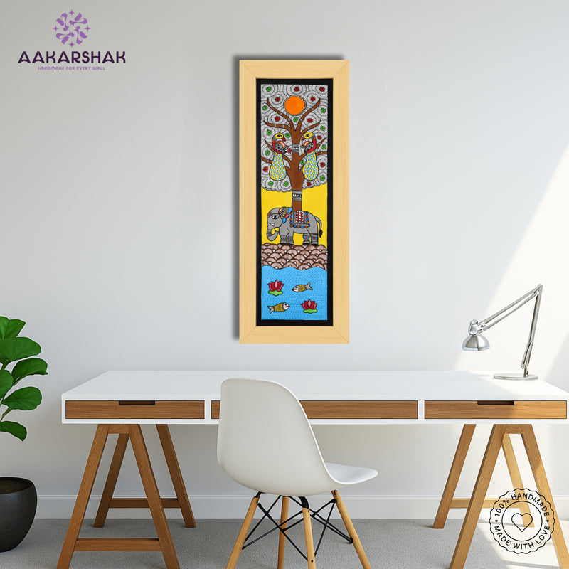 Close-up of detailed brushwork and traditional patterns in Madhubani painting