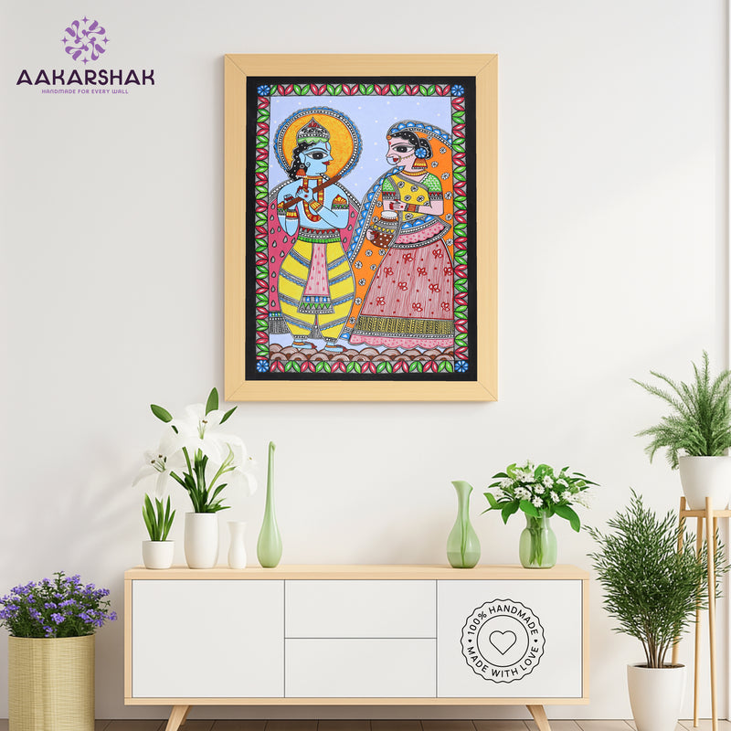 Close-up of detailed brushwork and traditional patterns in Madhubani painting