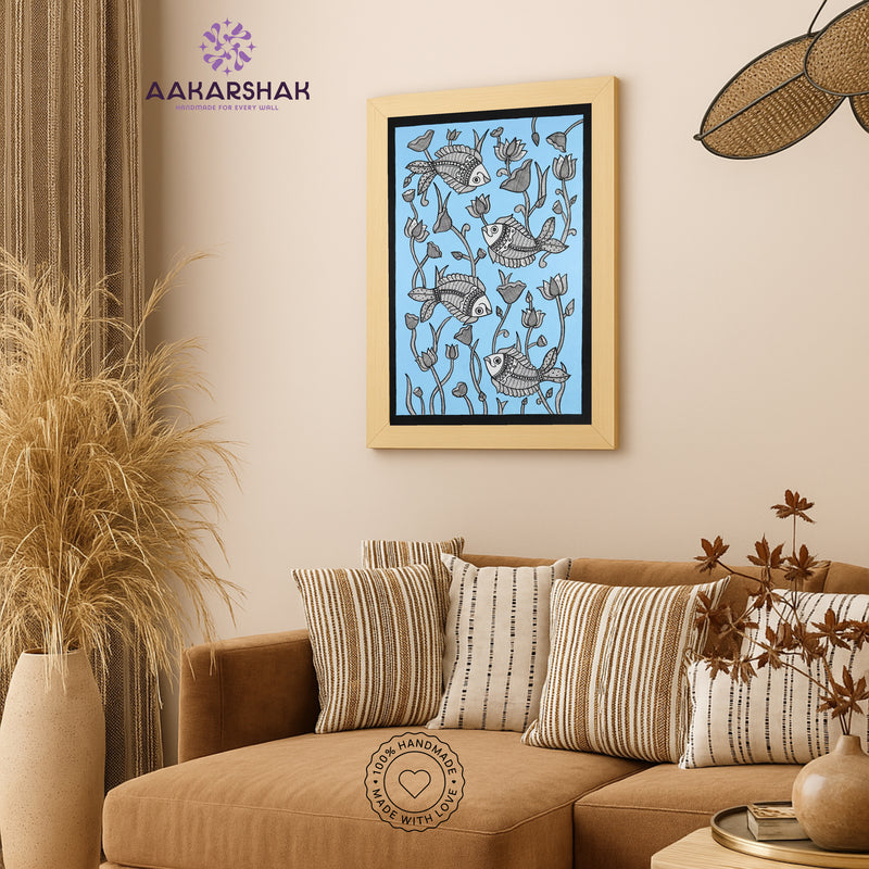 Traditional Indian wall painting displayed in modern home interior setting
