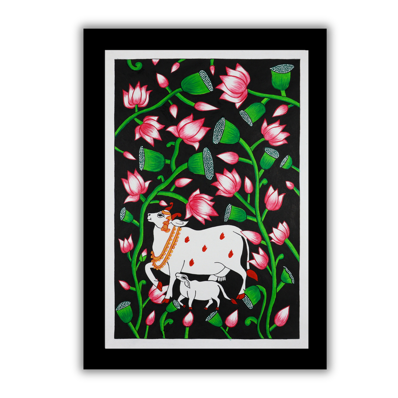 AAKARSHAK Pichwai Painting Handmade Cow Pichwai art Framed Traditional Indian paintings for Wall Living room Home decor Gifts - 17x24 Inch |(PBLR102)