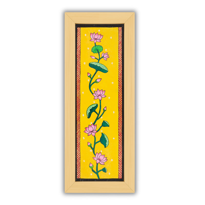 Handmade Pichwai painting with Lotus motif, framed for wall decor – traditional Indian temple art