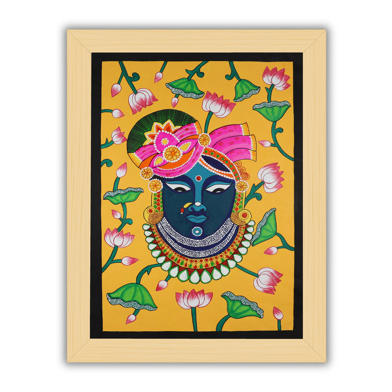Handmade Pichwai painting with Lord Shrinathji motif, framed for wall decor – traditional Indian temple art
