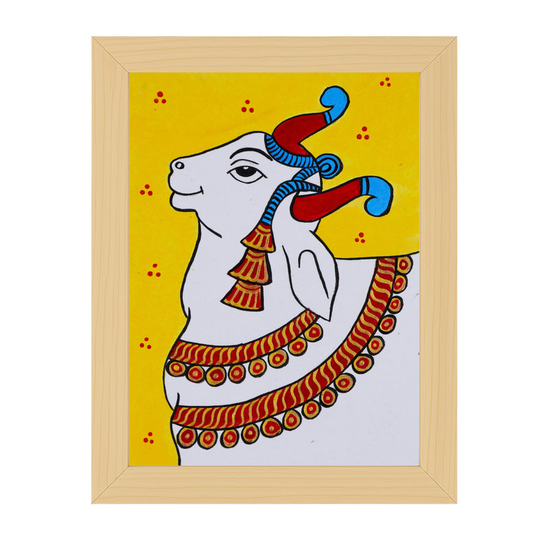 Handmade Pichwai painting with cow motif, framed for wall decor – traditional Indian temple art