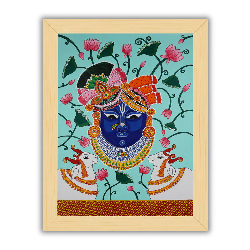 Handmade Pichwai painting with Krishna motif, framed for wall decor – traditional Indian temple art