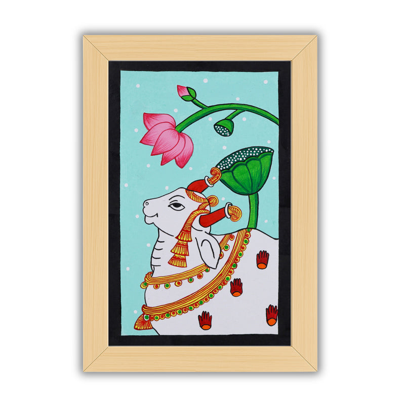 Handmade Pichwai painting with cow motif, framed for wall decor – traditional Indian temple art