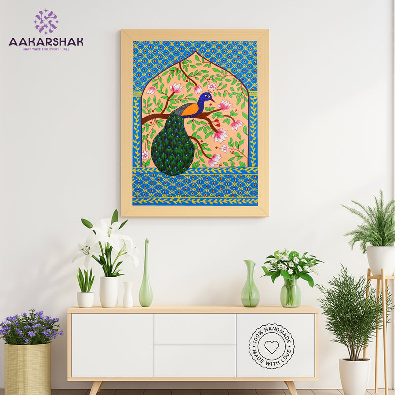 Close-up of hand-painted Pichwai design using vibrant colors and natural themes