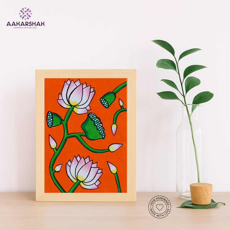 Handmade Pichwai Lotus Painting – Framed 6x8 Inch Wall Art