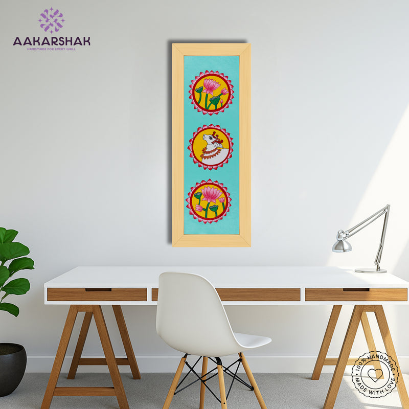 Close-up of hand-painted Pichwai design using vibrant colors and natural themes