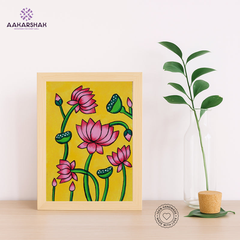 Handmade Pichwai Lotus Painting – Framed 6x8 Inch Wall Art