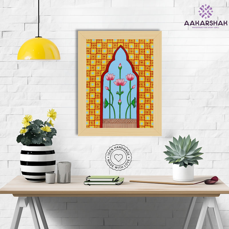 Traditional Pichwai painting on cloth with detailed background motifs – framed and ready to hang