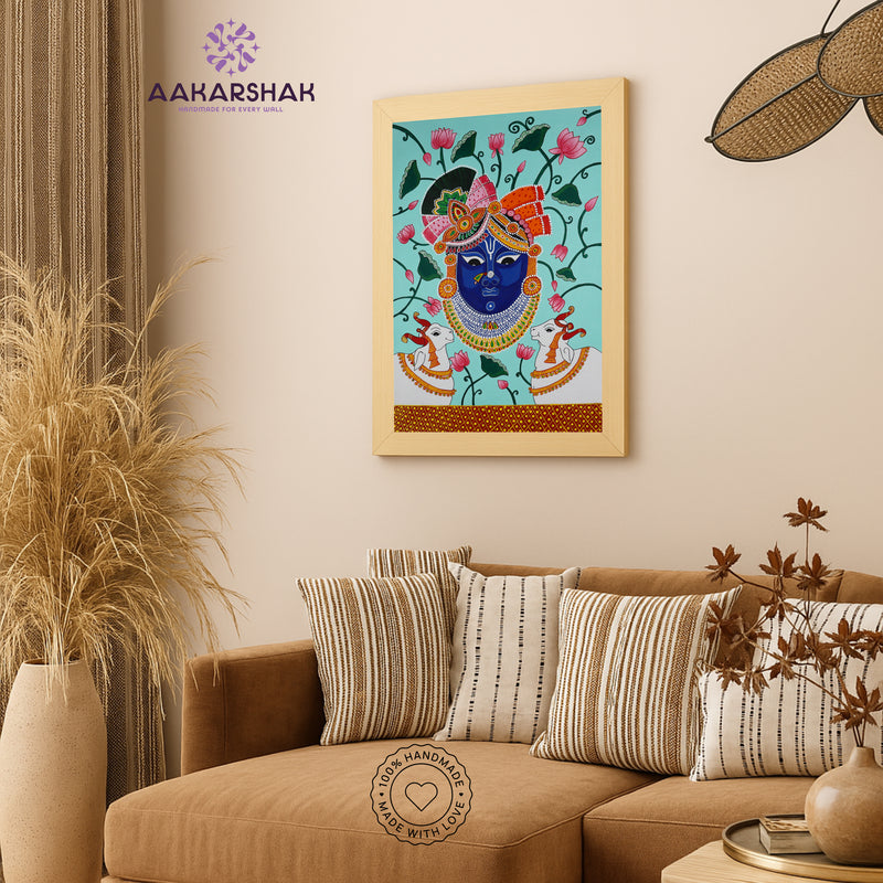 Handmade Pichwai Lord Krishna Painting – Framed 17x24 Inch Wall Art