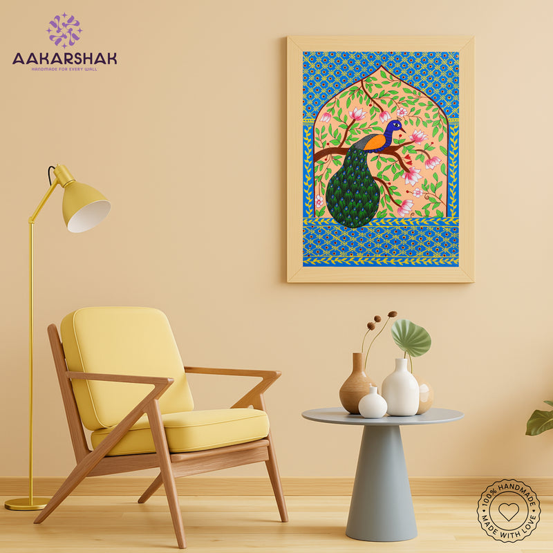 Traditional Pichwai painting on cloth with detailed background motifs – framed and ready to hang
