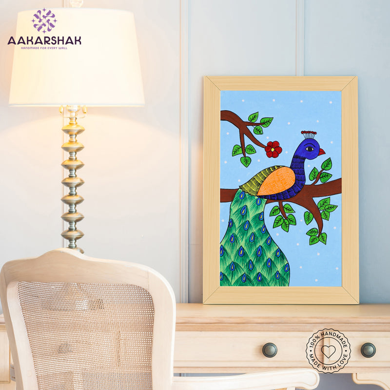 Traditional Pichwai painting on cloth with detailed background motifs – framed and ready to hang