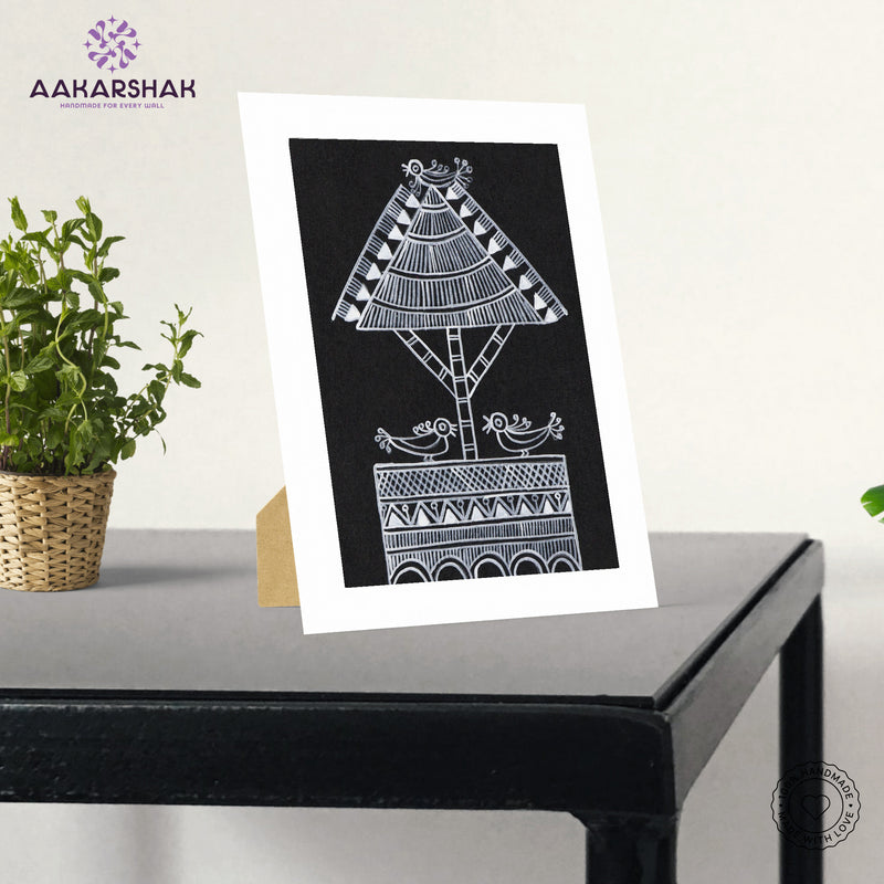 Close-up of Warli art showcasing white geometric patterns on earthy background